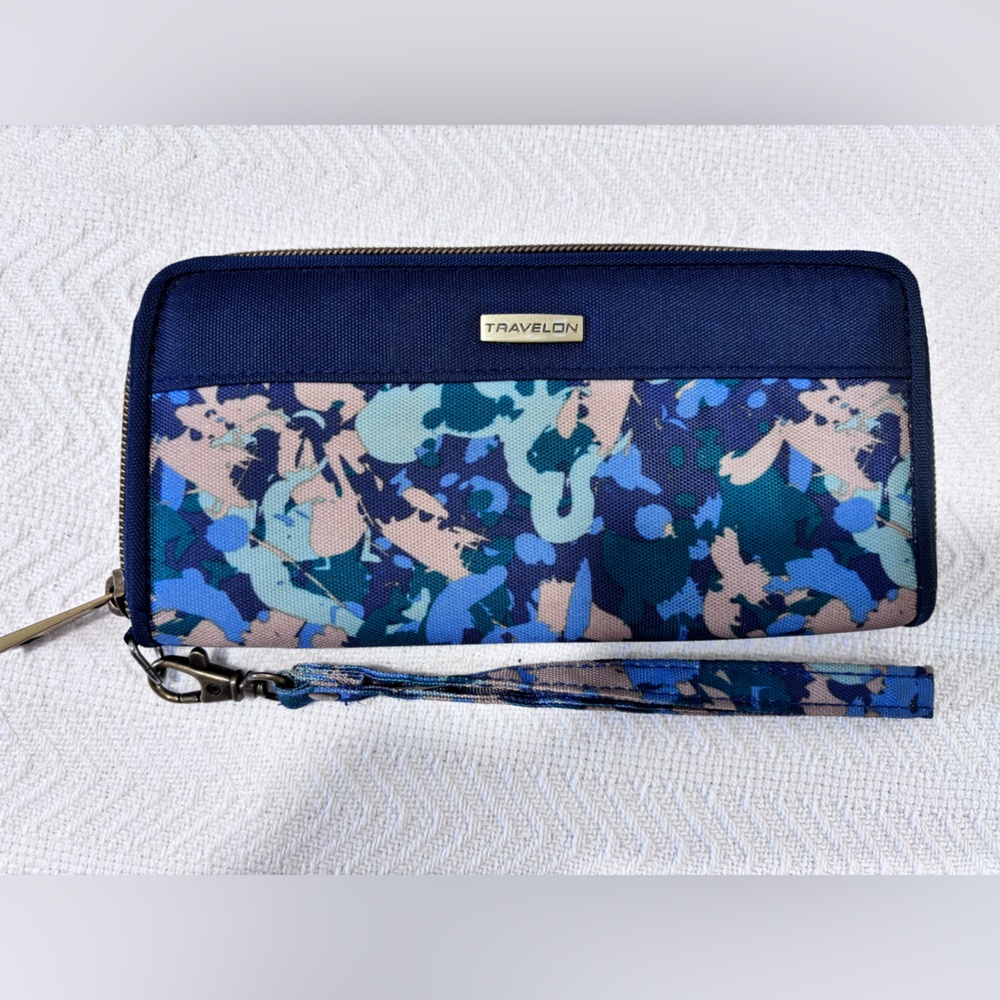 Travelon Blue and Black Floral Wallet - Picture 2 of 8